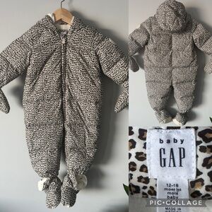 Baby GAP Down Bunting Snowsuit one piece leopard print booties & mitt 12-18 M